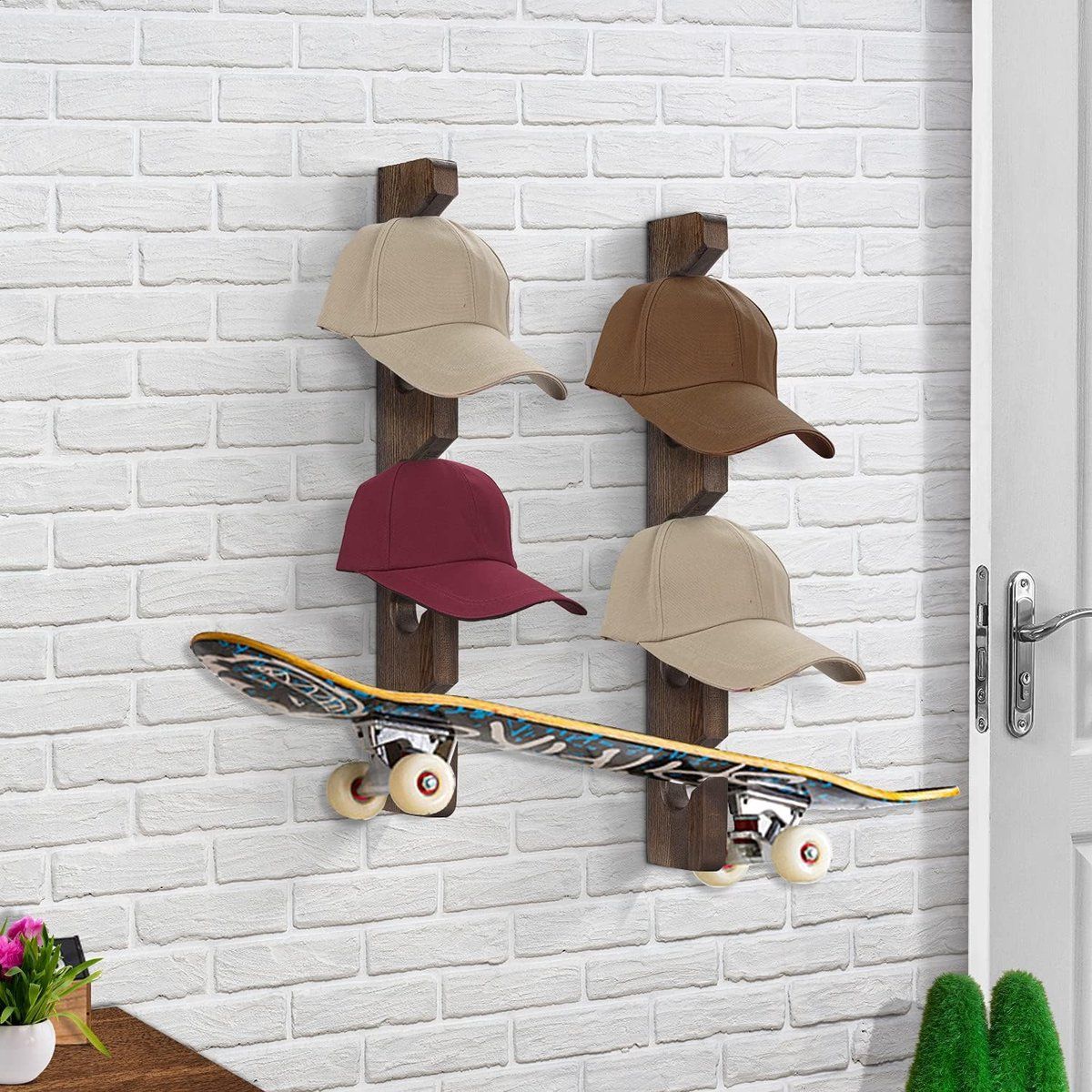 1 Piece Wall Mounted Wooden Hat Rack and Cap Holder, Brown