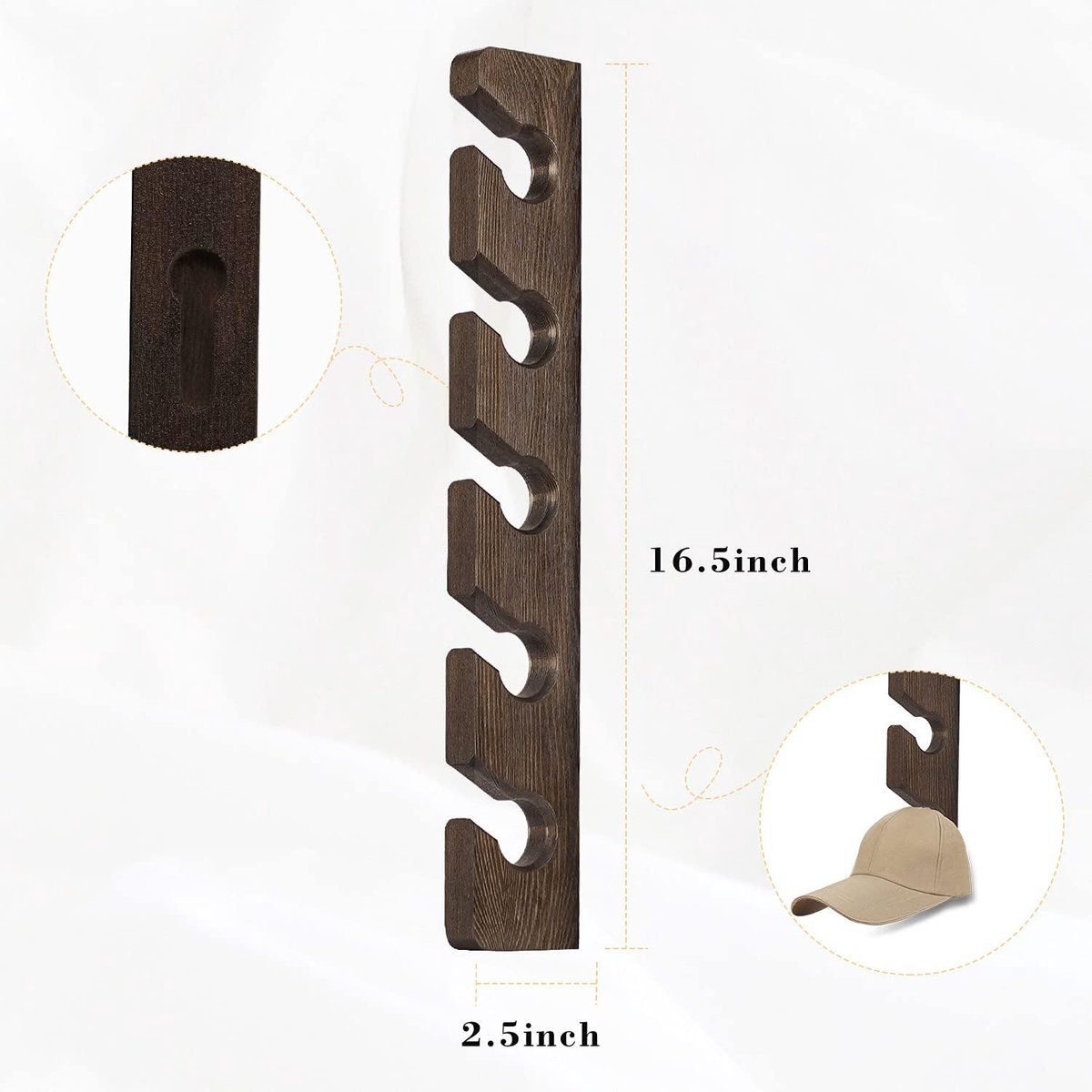 1 Piece Wall Mounted Wooden Hat Rack and Cap Holder, Brown
