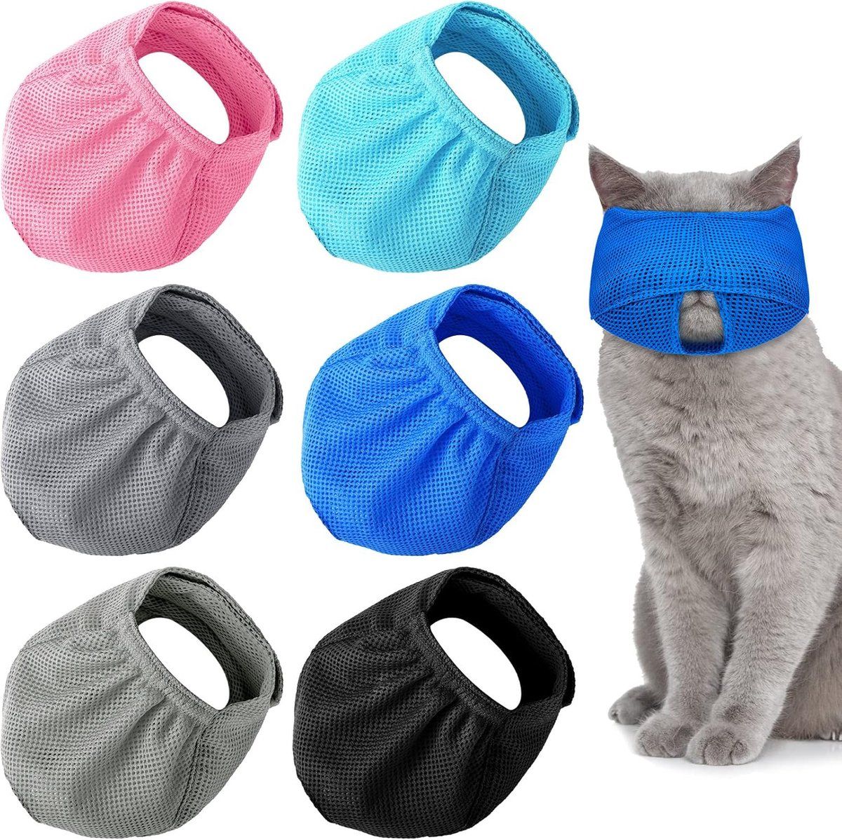 6 Piece Nylon Cat Muzzle Set, Breathable for Travel and Vet Visits, Size L, Neck 18 to 26 cm