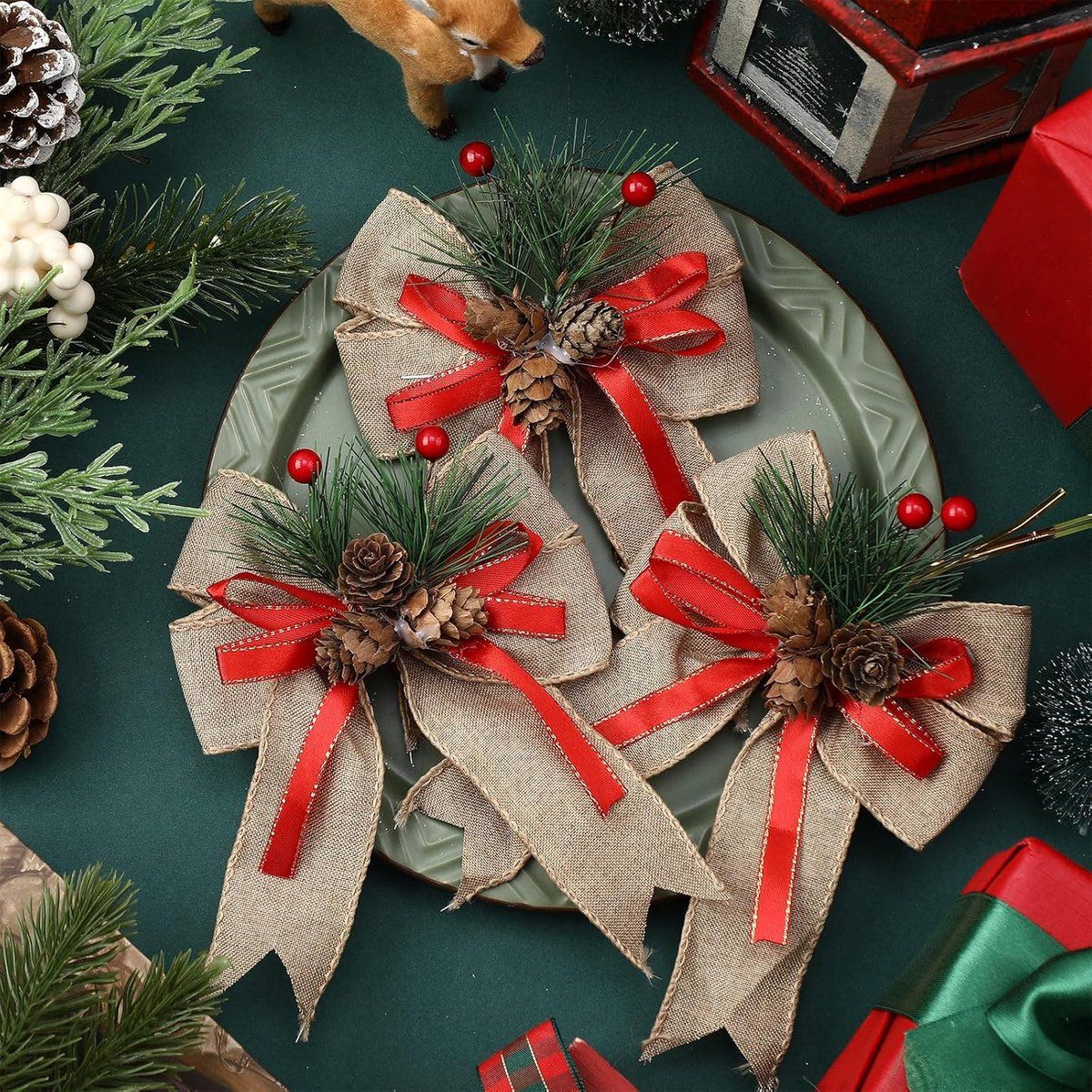 6 Piece Christmas Bow Set with Checked Ribbon and Pine Cones, Flax