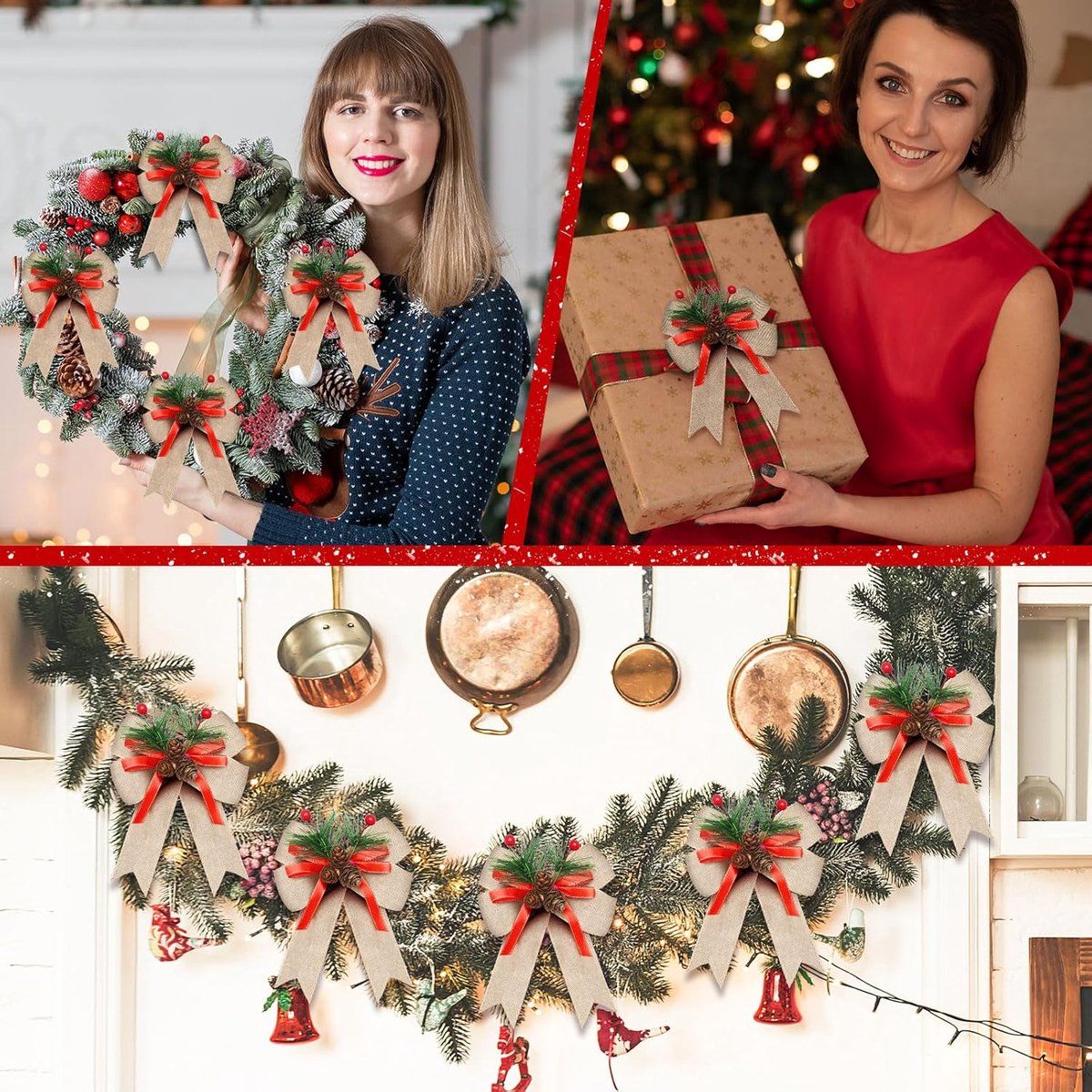 6 Piece Christmas Bow Set with Checked Ribbon and Pine Cones, Flax