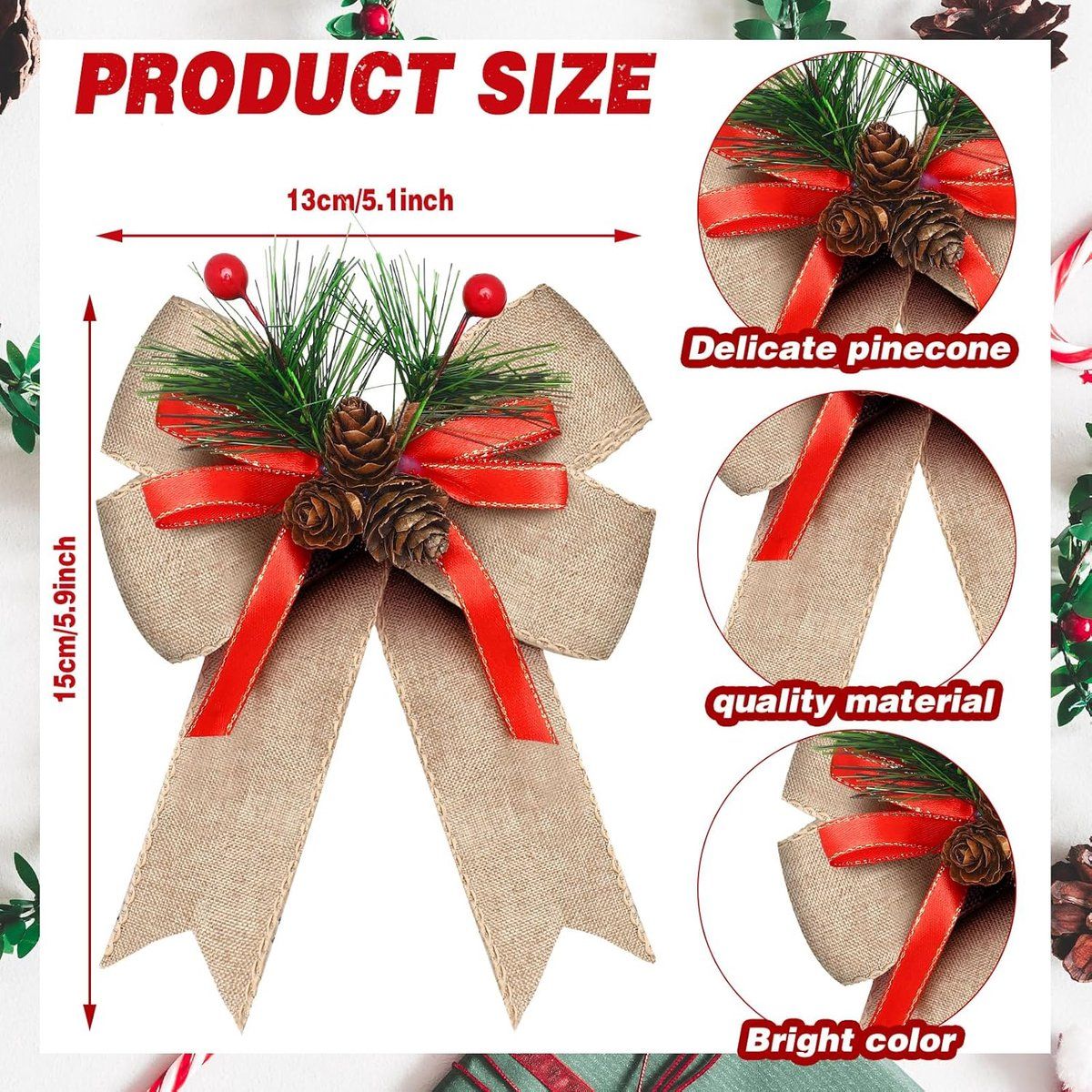 6 Piece Christmas Bow Set with Checked Ribbon and Pine Cones, Flax