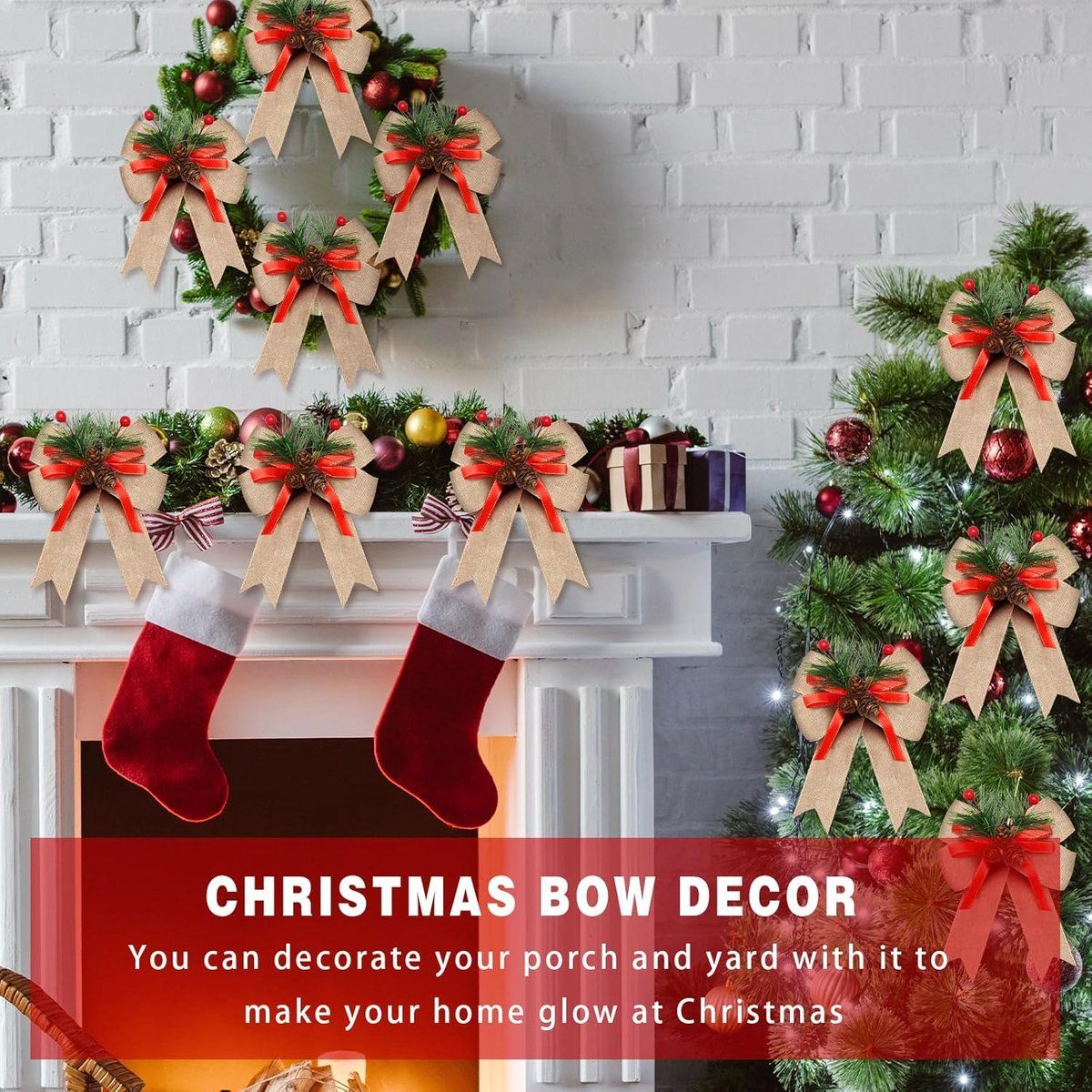 6 Piece Christmas Bow Set with Checked Ribbon and Pine Cones, Flax