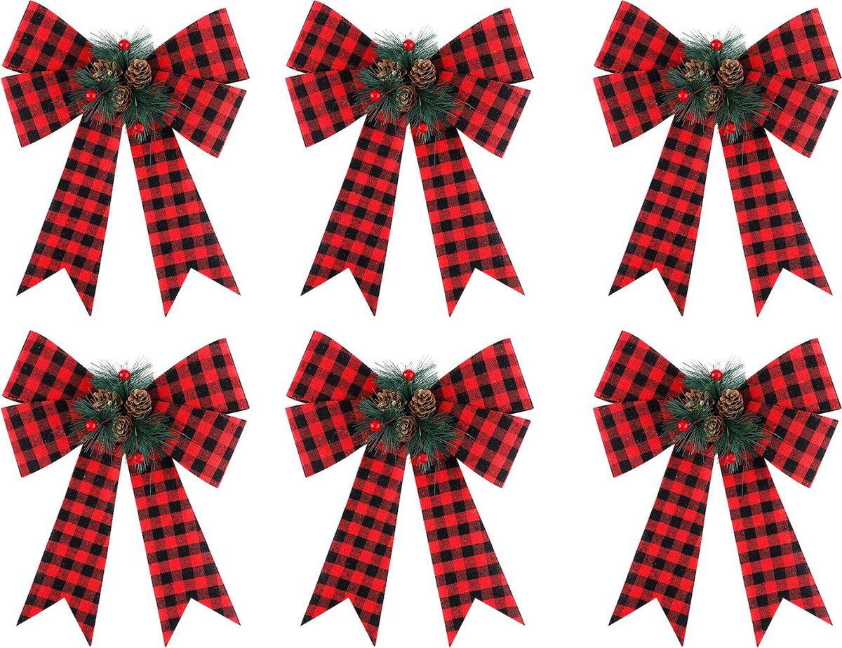 6 Piece Black and Red Checked Christmas Bow Set with Pine Cones