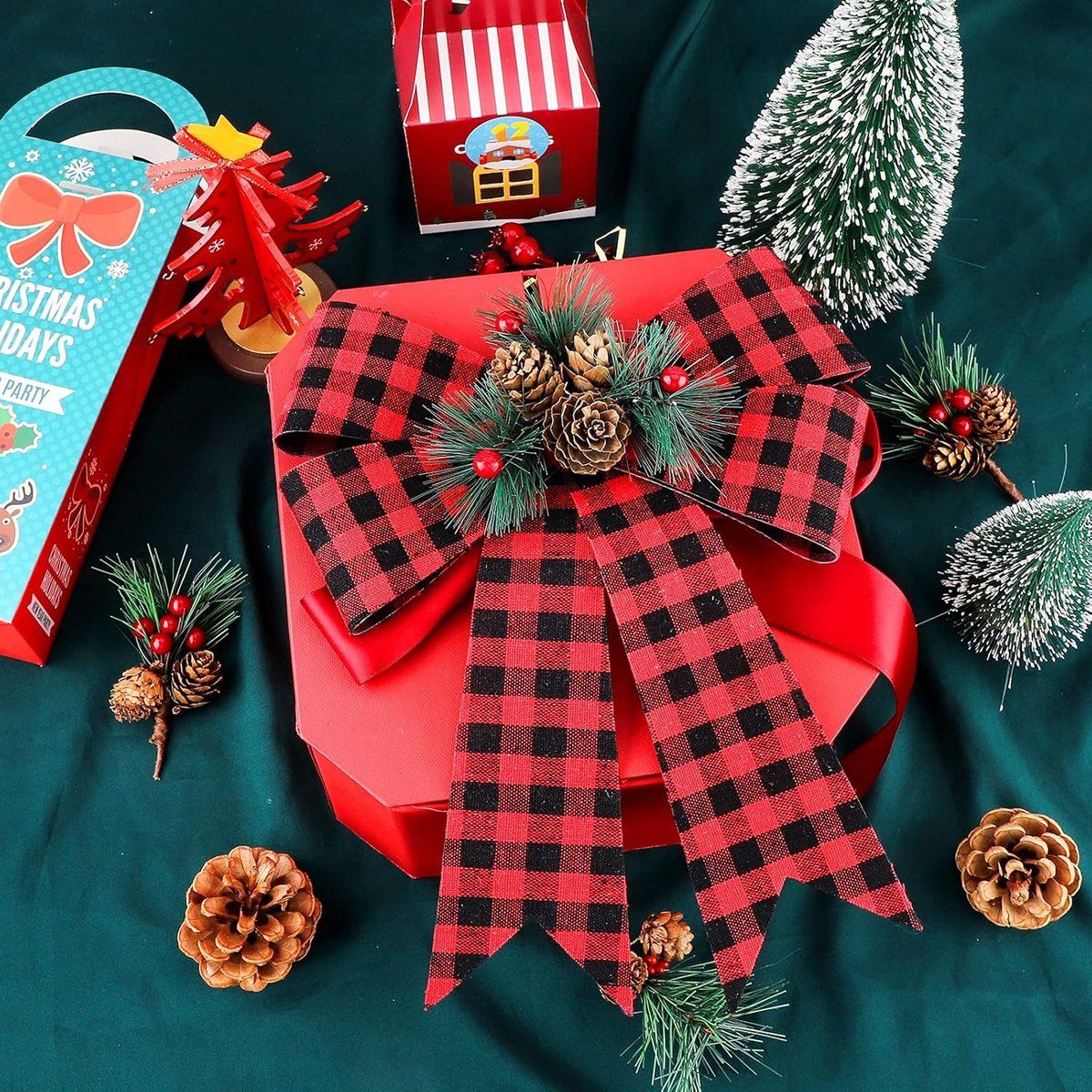 6 Piece Black and Red Checked Christmas Bow Set with Pine Cones