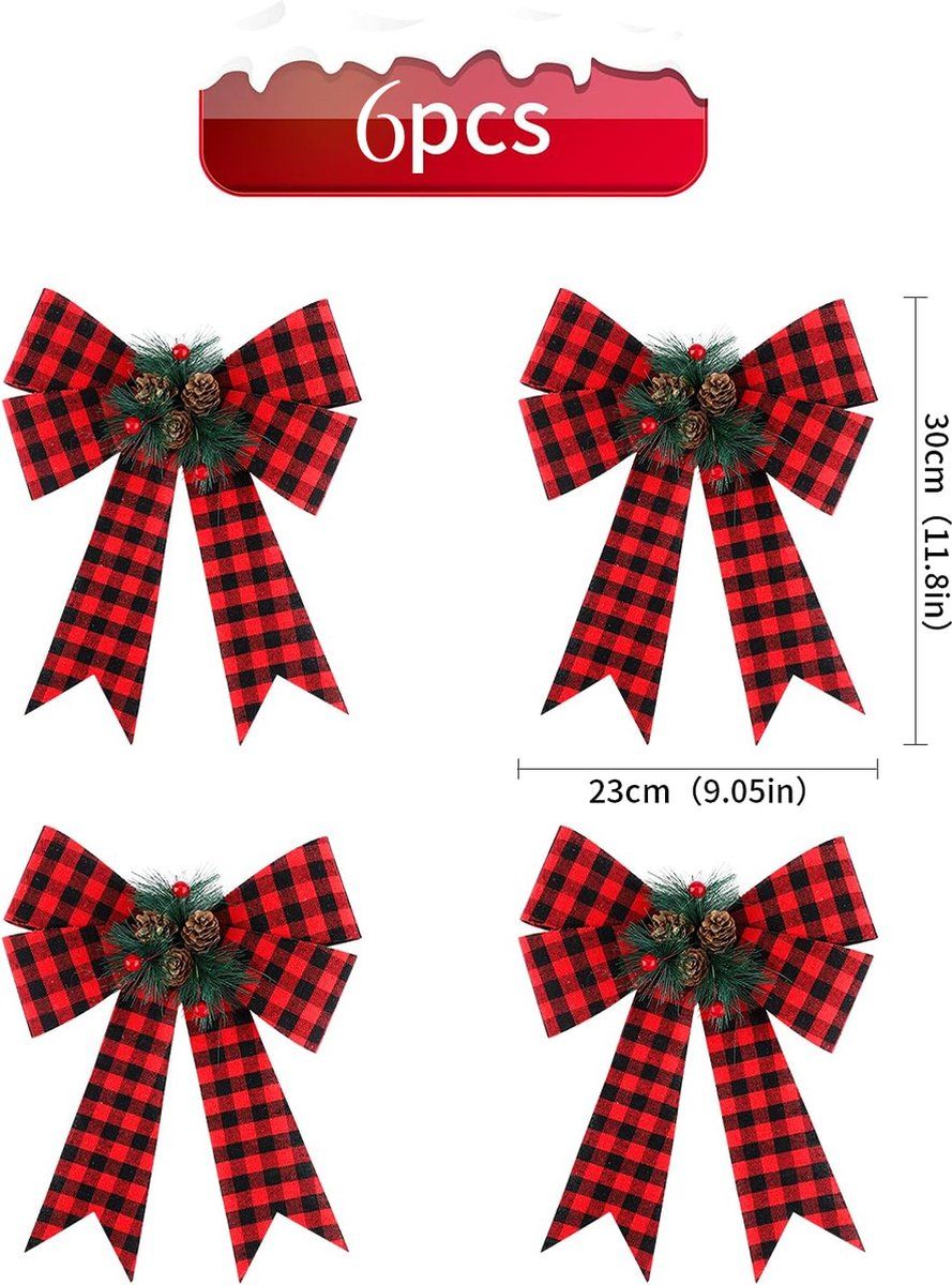 6 Piece Black and Red Checked Christmas Bow Set with Pine Cones