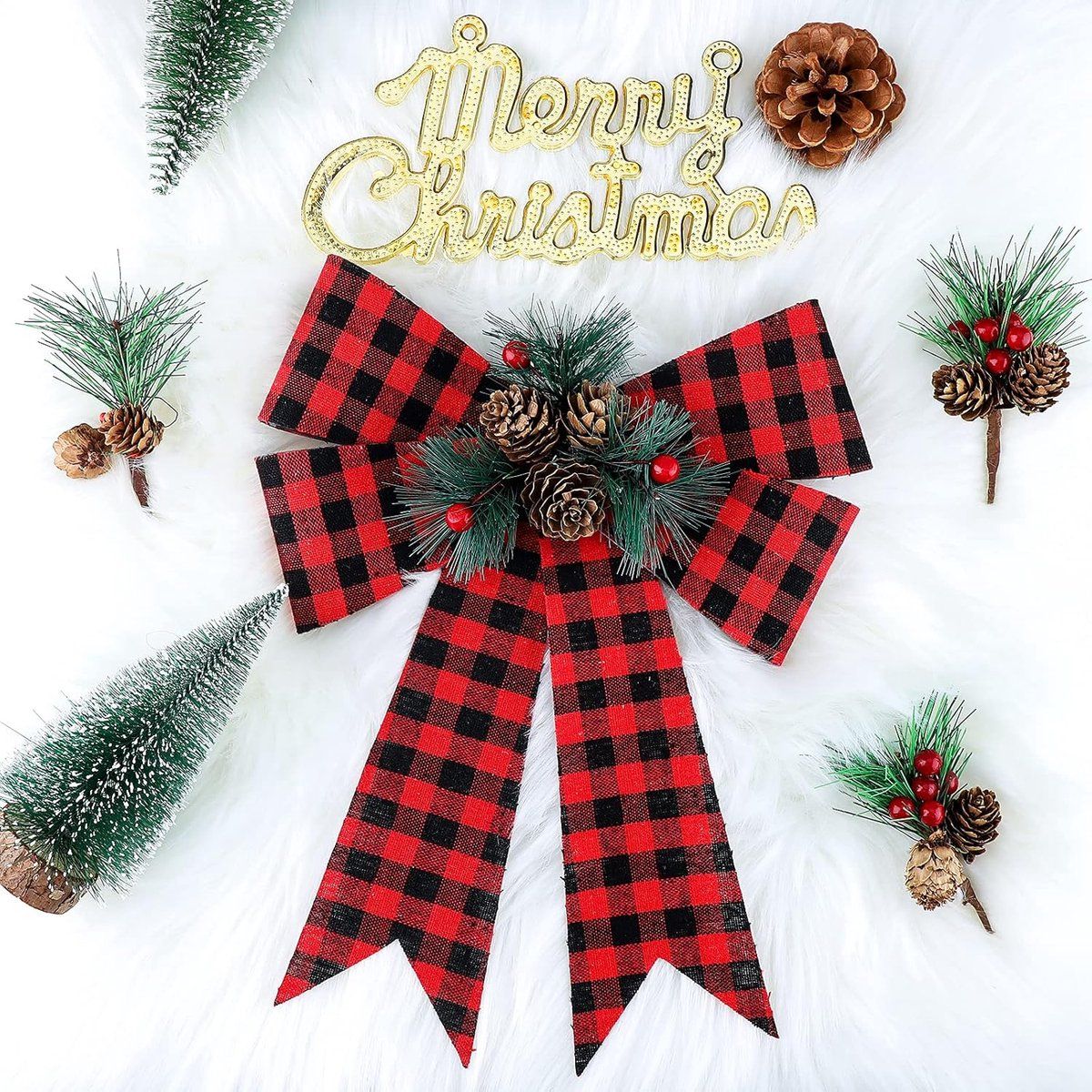 6 Piece Black and Red Checked Christmas Bow Set with Pine Cones