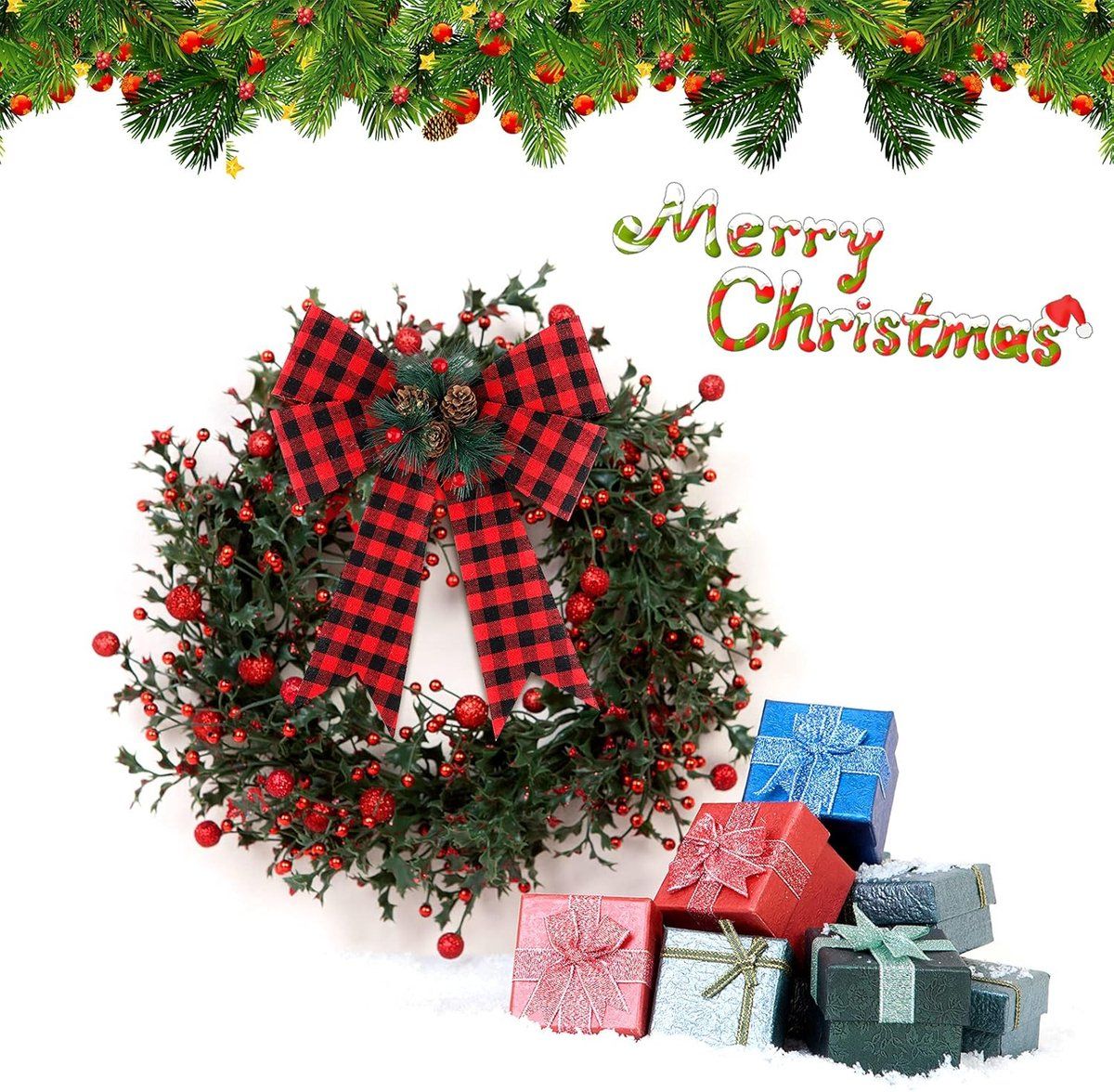 6 Piece Black and Red Checked Christmas Bow Set with Pine Cones