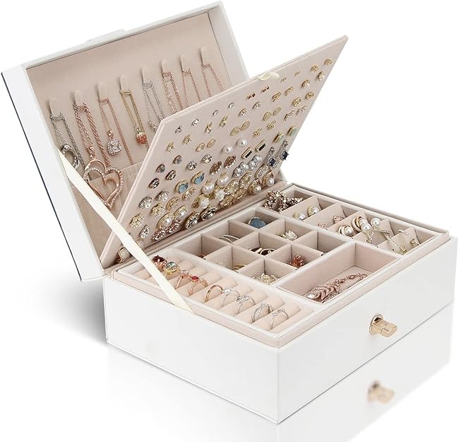 Jewelry Box Organizer for Necklaces, Earrings, Bracelets, Rings, Large PU Leather Jewelry Box with 3 Stackable Layers (White)