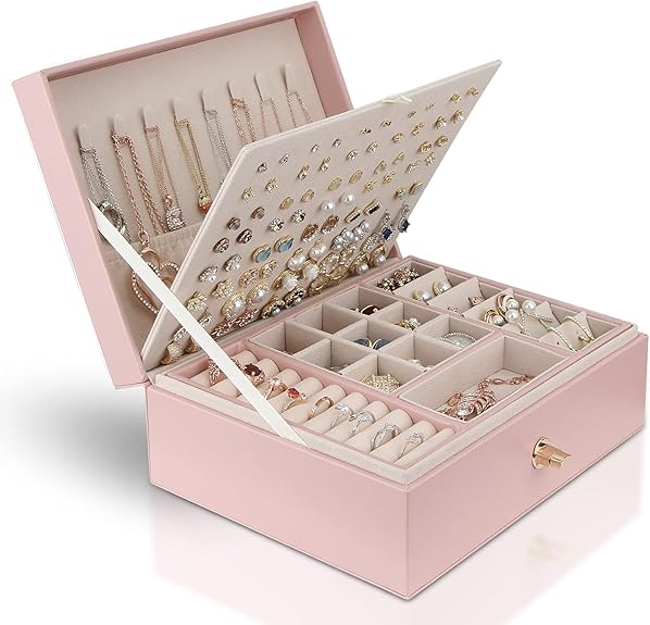 Jewelry Box for Storing Necklaces, Earrings, Bracelets and Rings, Large PU Leather with 3 Layers Stackable Jewelry Box, Pink Pink-tfrf Pink