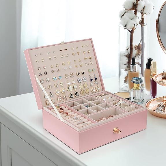 Jewelry Box for Storing Necklaces, Earrings, Bracelets and Rings, Large PU Leather with 3 Layers Stackable Jewelry Box, Pink Pink-tfrf Pink