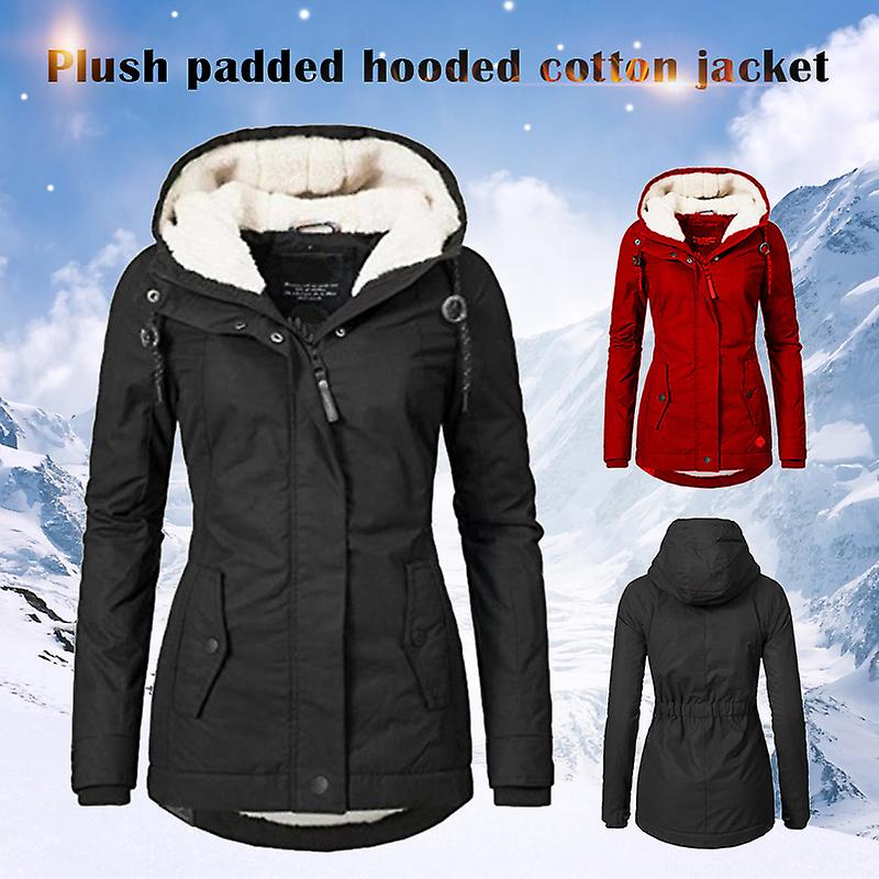 Waterproof Warm Winter Jacket with Hood, Thick Fleece Lined Cotton Jacket for Women - yujia Black XXXXL
