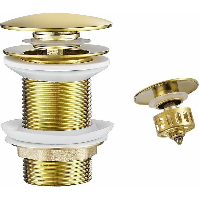 Gold Pop up Sink Drain Without Overflow, Drain Plug with Strainer Basket, Drain Waste for Bathroom Sink Brass