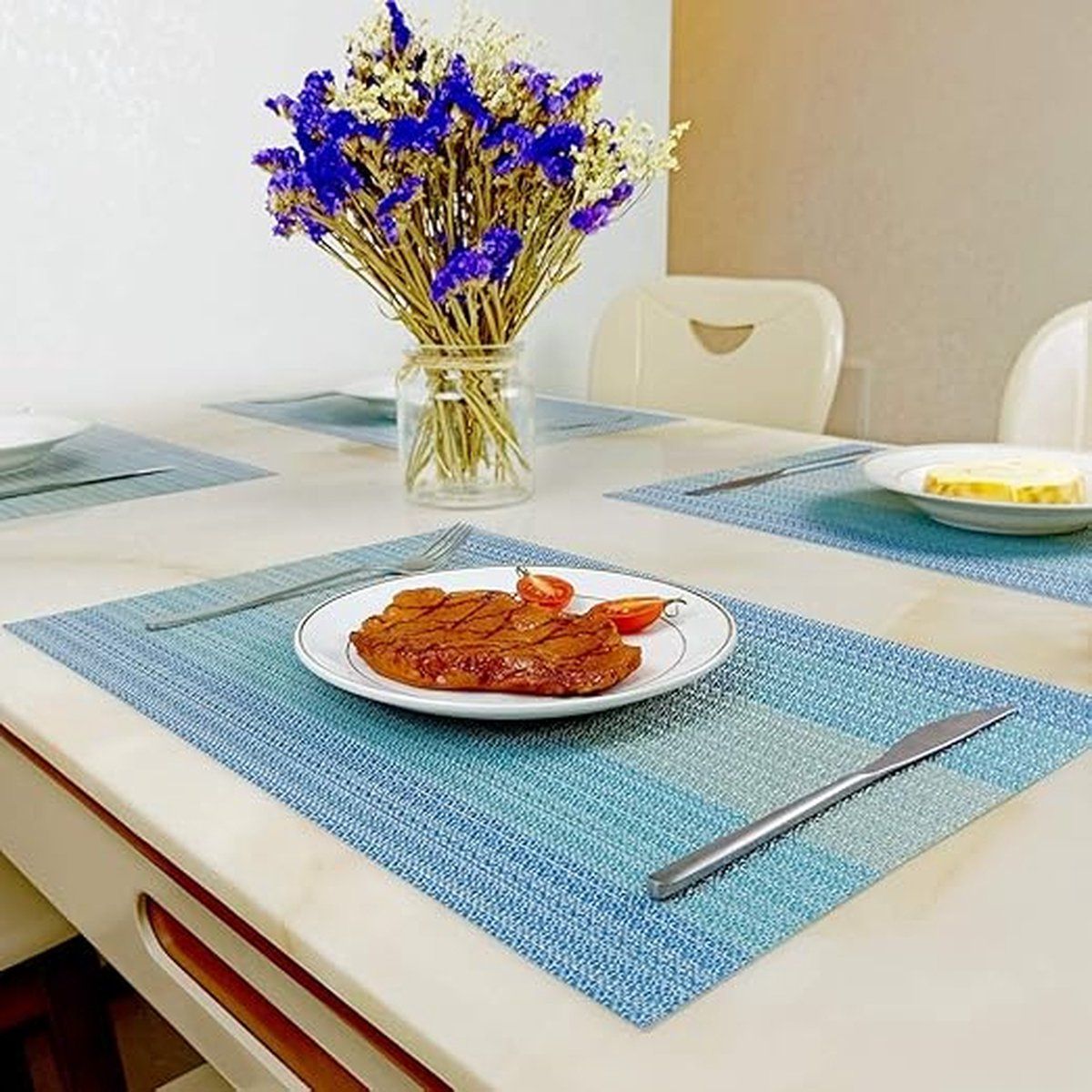 6 Pack PVC Woven Placemats Easy To Clean Non Slip Heat Resistant Stain Resistant Table Mats For Kitchen Dining Table Blue, 45 x 30 cm