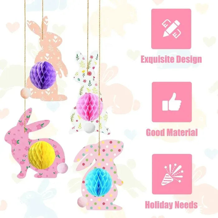4 Pack 3D Paper Honeycomb Bunny Decorations