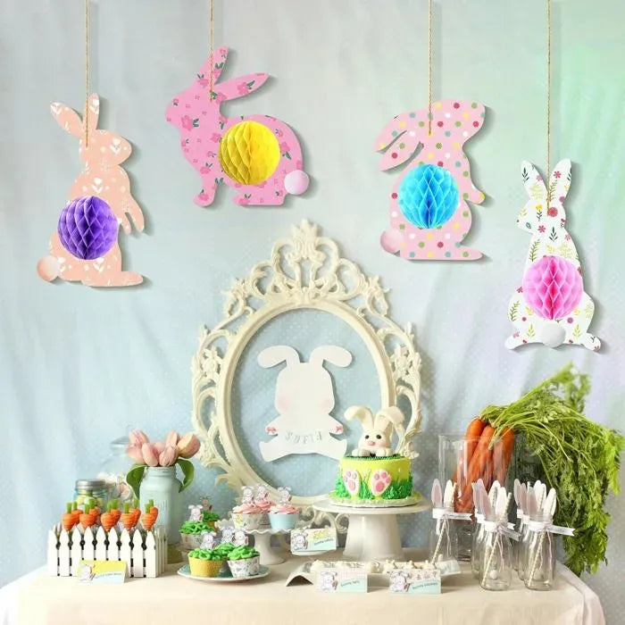 4 Pack 3D Paper Honeycomb Bunny Decorations