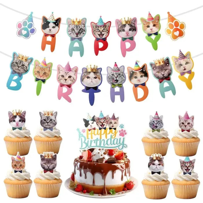 Cat Birthday Decoration Set with 9 Cake Toppers