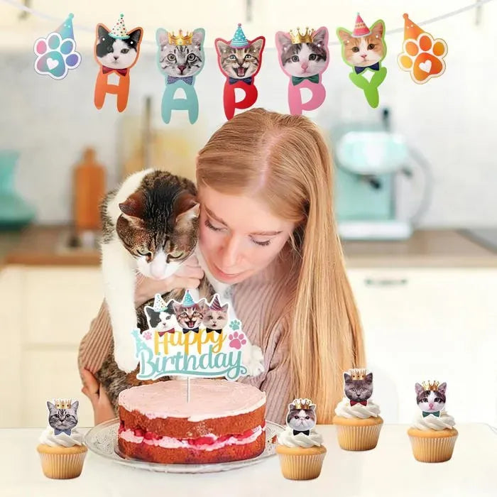 Cat Birthday Decoration Set with 9 Cake Toppers