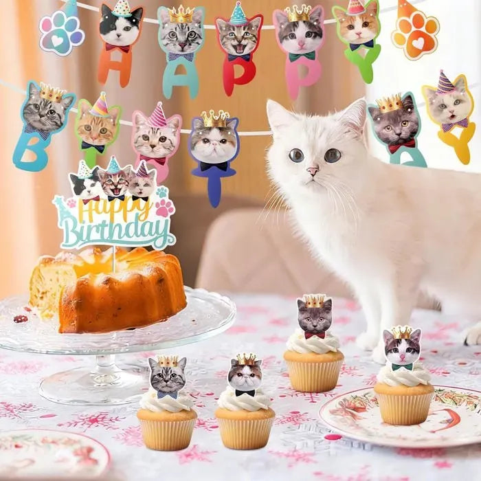 Cat Birthday Decoration Set with 9 Cake Toppers