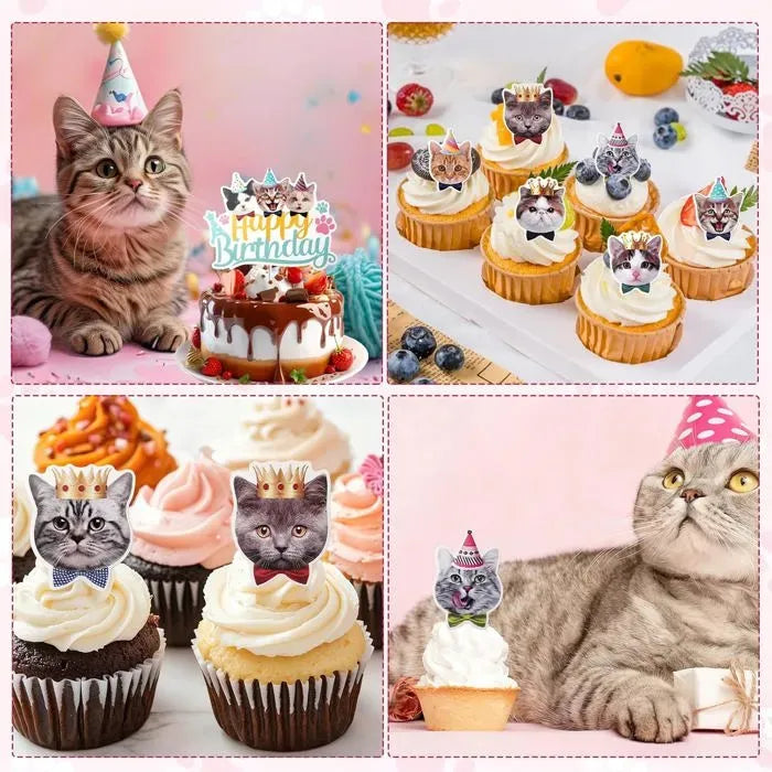 Cat Birthday Decoration Set with 9 Cake Toppers