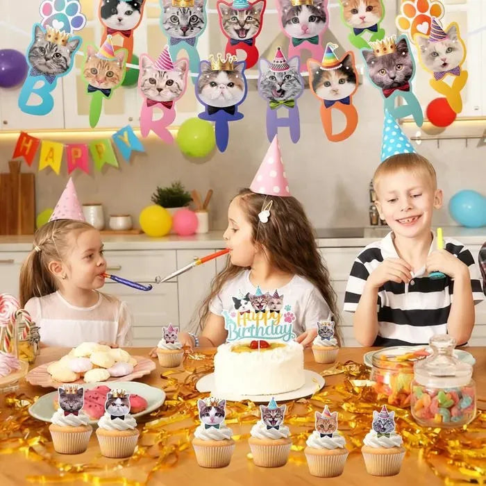 Cat Birthday Decoration Set with 9 Cake Toppers