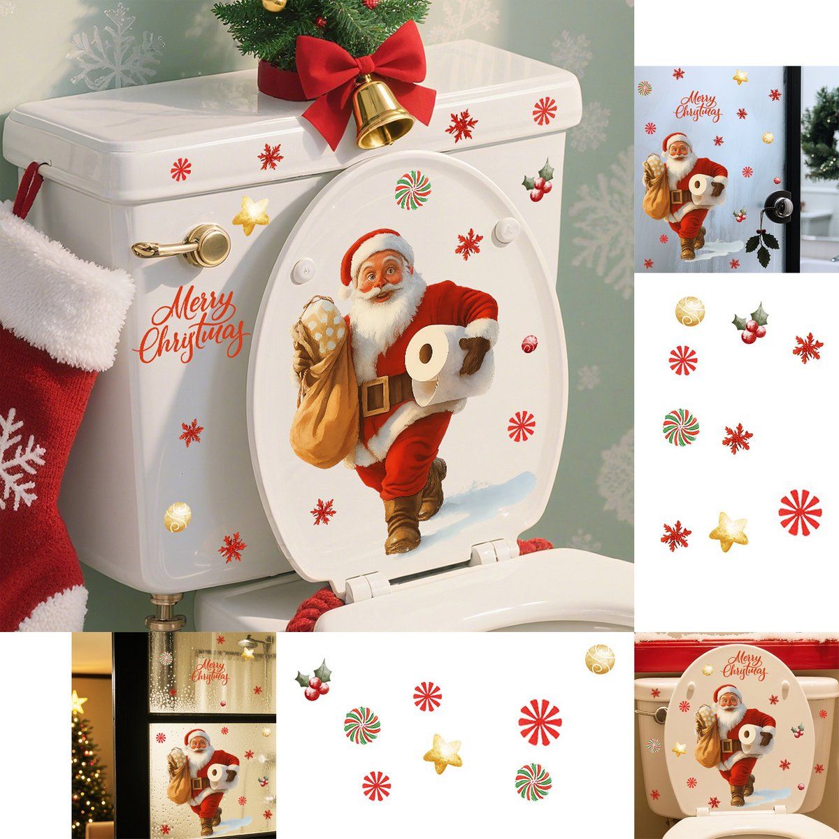 Christmas Wall Stickers Santa Toilet Decorations for Bathroom Living Room Bedroom, Red White