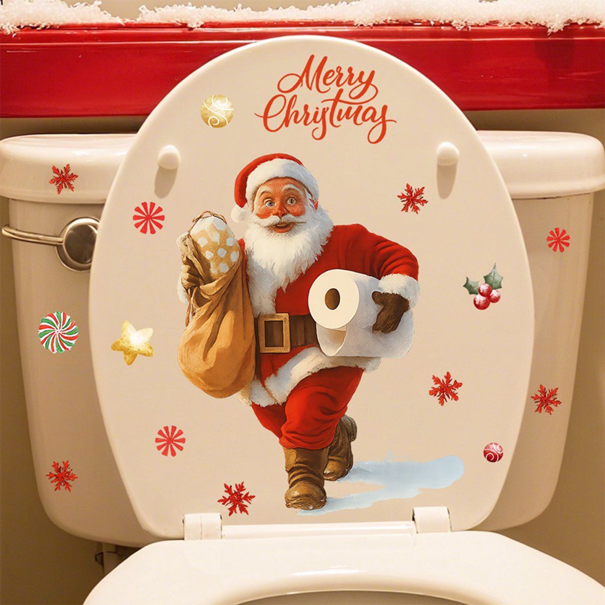 Christmas Wall Stickers Santa Toilet Decorations for Bathroom Living Room Bedroom, Red White