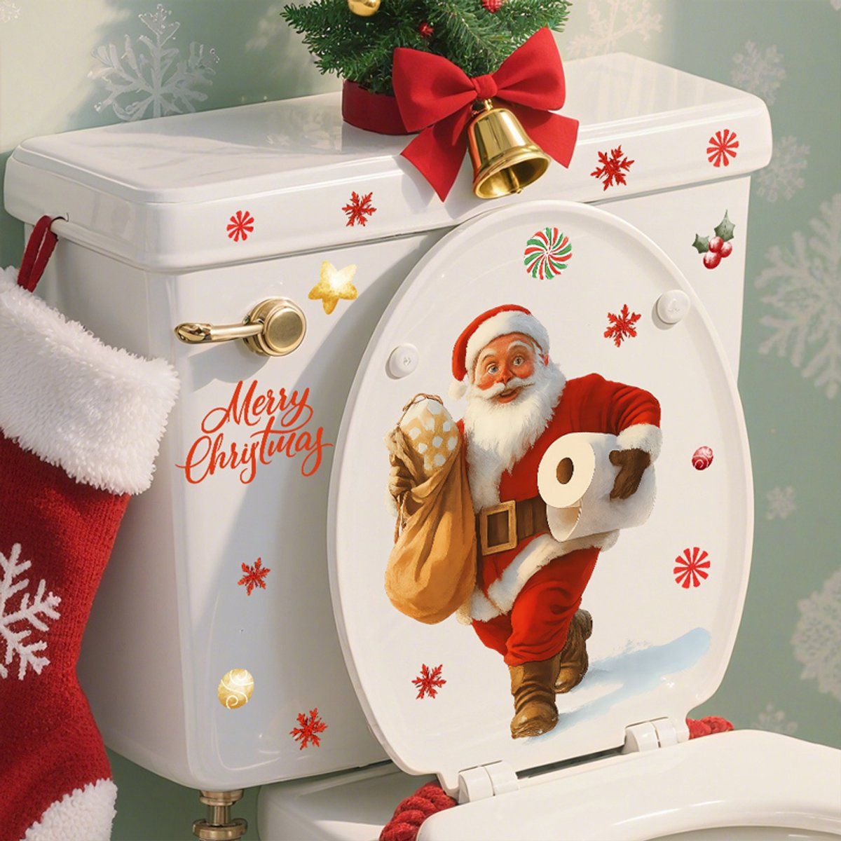 Christmas Wall Stickers Santa Toilet Decorations for Bathroom Living Room Bedroom, Red White