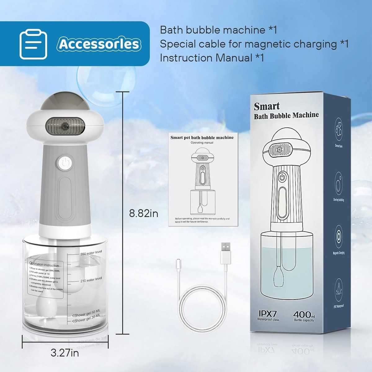 Electric Foaming Shampoo Dispenser for Dogs and Cats, Automatic Pet Bath Brush for Deep Cleaning, Grey, 350ml