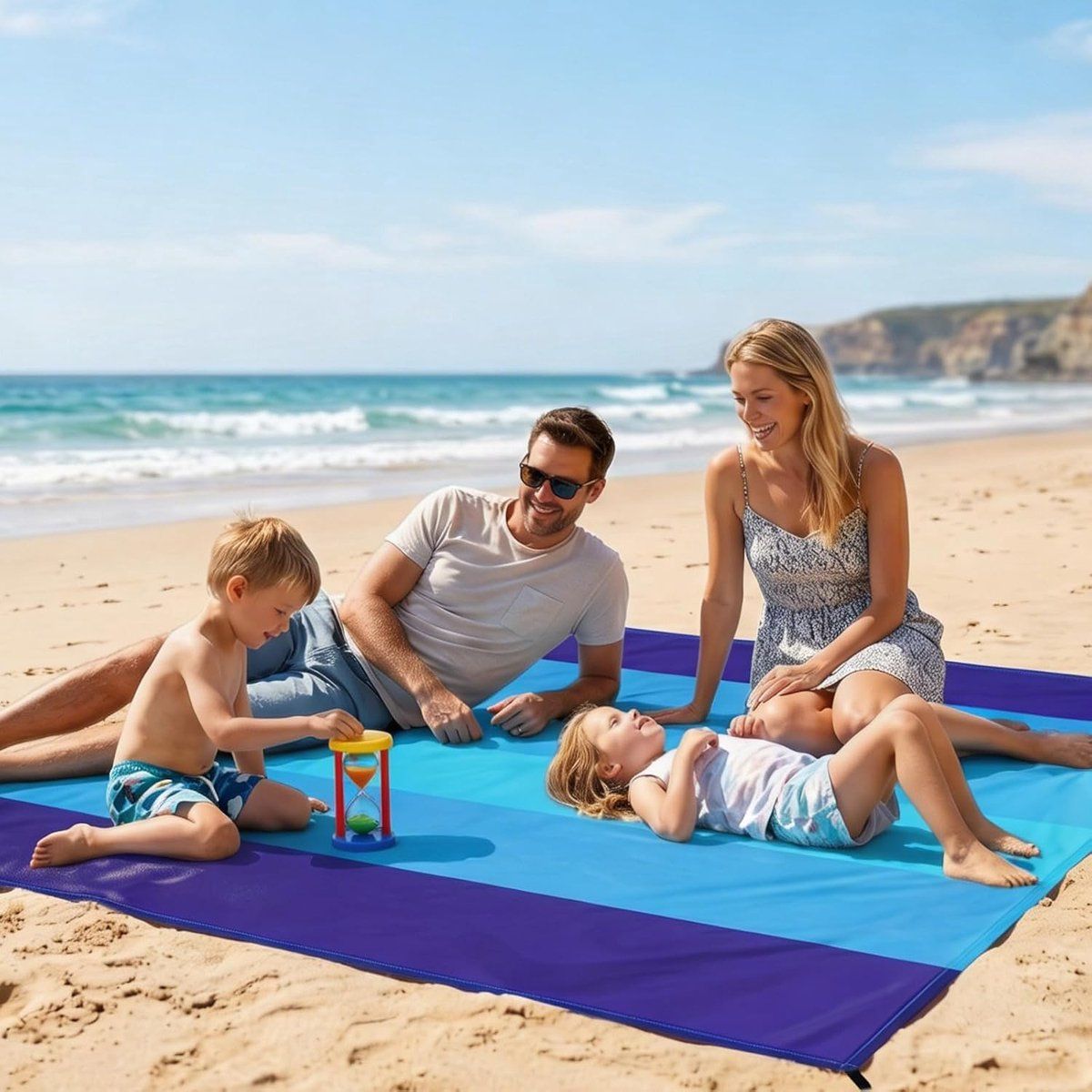 Waterproof Sand-Free Beach Mat, Foldable Outdoor Picnic Camping Blanket with Fixing Pegs, Carabiner and Carrying Bag for Beach Vacation and Travel