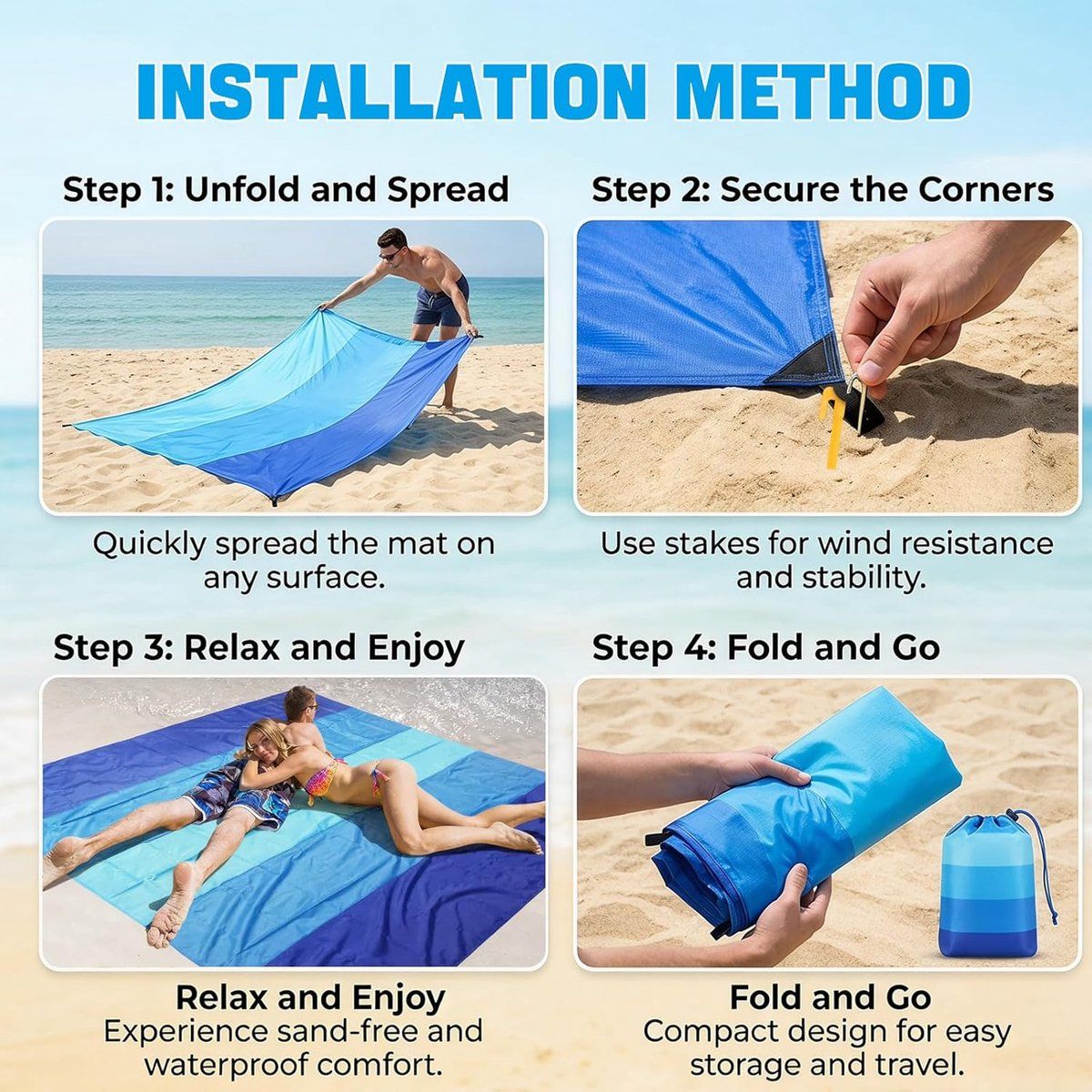 Waterproof Sand-Free Beach Mat, Foldable Outdoor Picnic Camping Blanket with Fixing Pegs, Carabiner and Carrying Bag for Beach Vacation and Travel