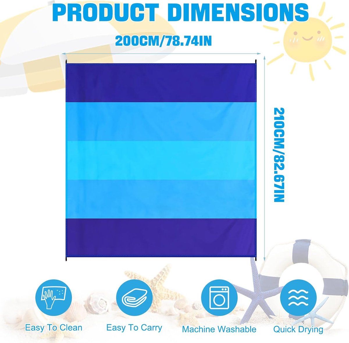 Waterproof Sand-Free Beach Mat, Foldable Outdoor Picnic Camping Blanket with Fixing Pegs, Carabiner and Carrying Bag for Beach Vacation and Travel
