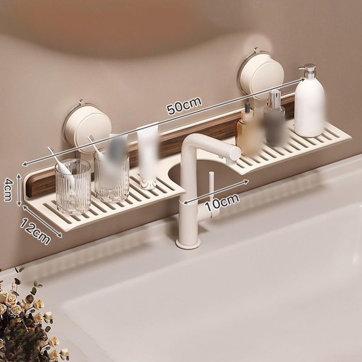 Bathroom Shelf with Suction Cups Wall Mounted No Drilling White Walnut Grain Storage Rack for Kitchen Bathroom, 50cm x 12cm x 4cm