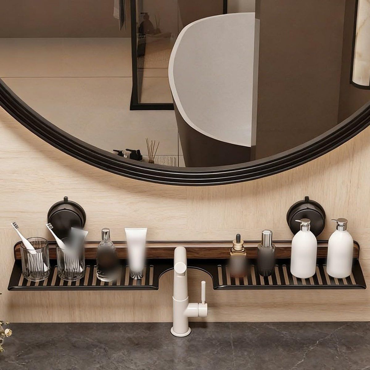 Bathroom Shelf with Suction Cups Wall Mounted No Drilling White Walnut Grain Storage Rack for Kitchen Bathroom, 50cm x 12cm x 4cm