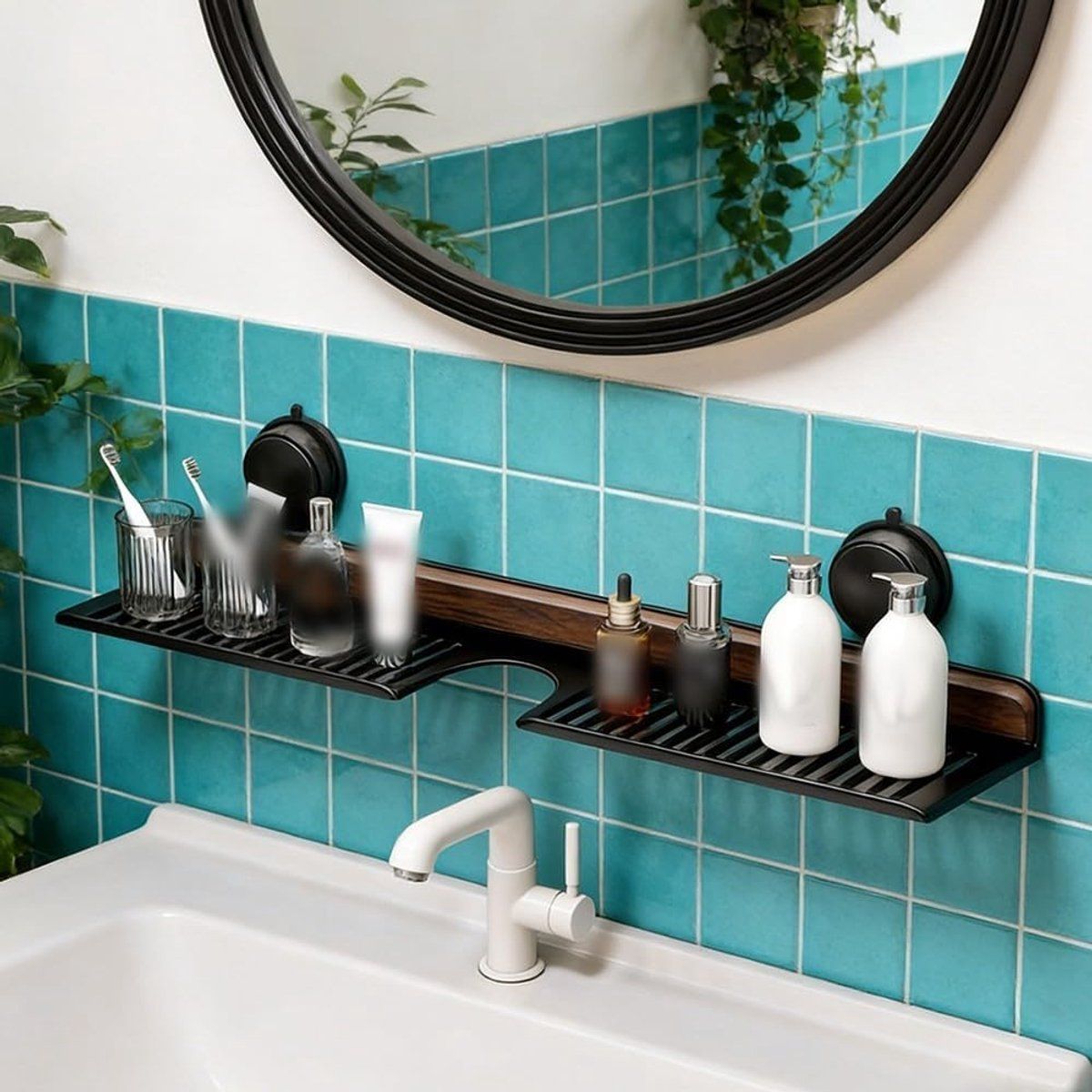 Bathroom Shelf with Suction Cups Wall Mounted No Drilling White Walnut Grain Storage Rack for Kitchen Bathroom, 50cm x 12cm x 4cm