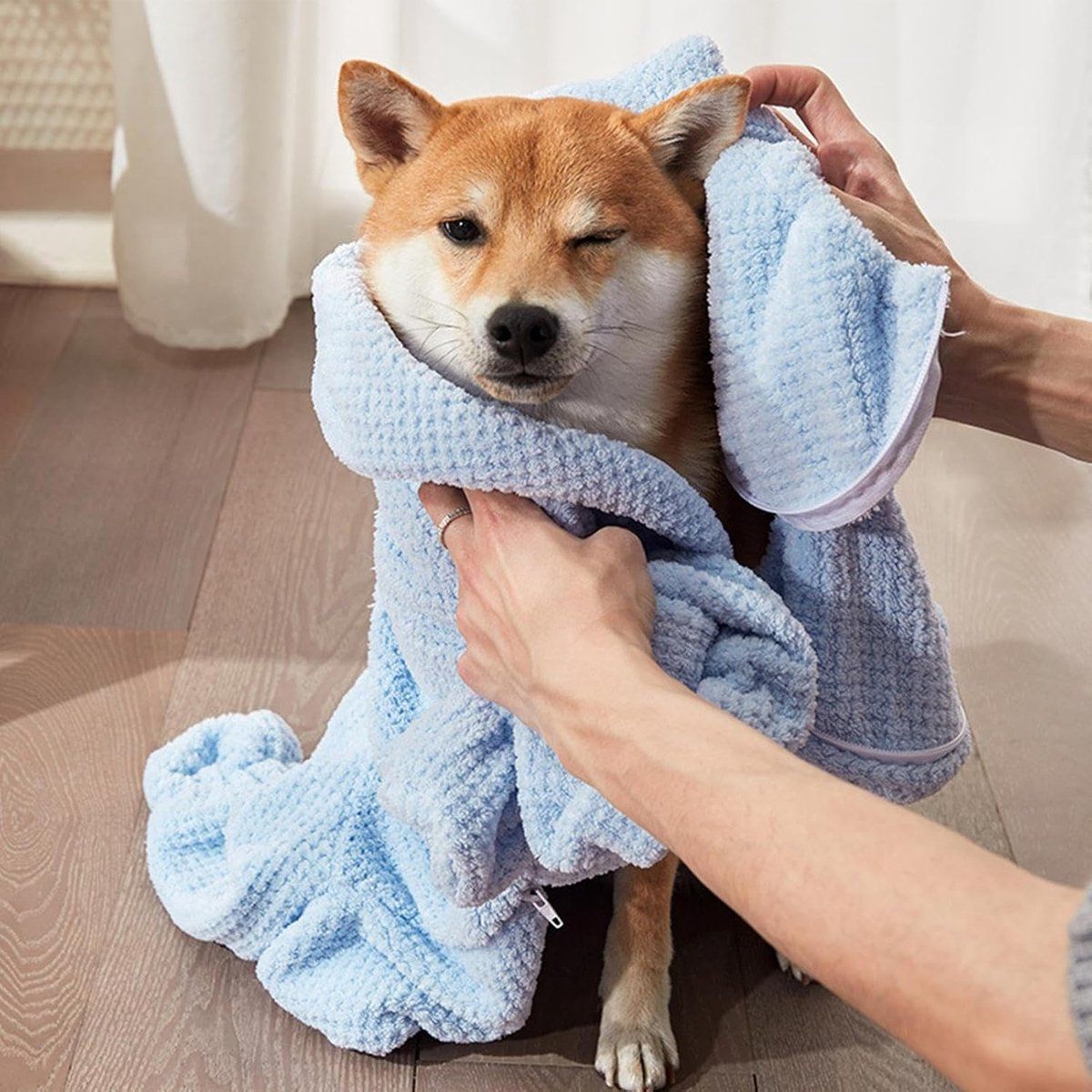 Plush Dog Bathrobe Quick Drying Ultra Absorbent Pet Drying Coat for Home Grooming Blue, Size L