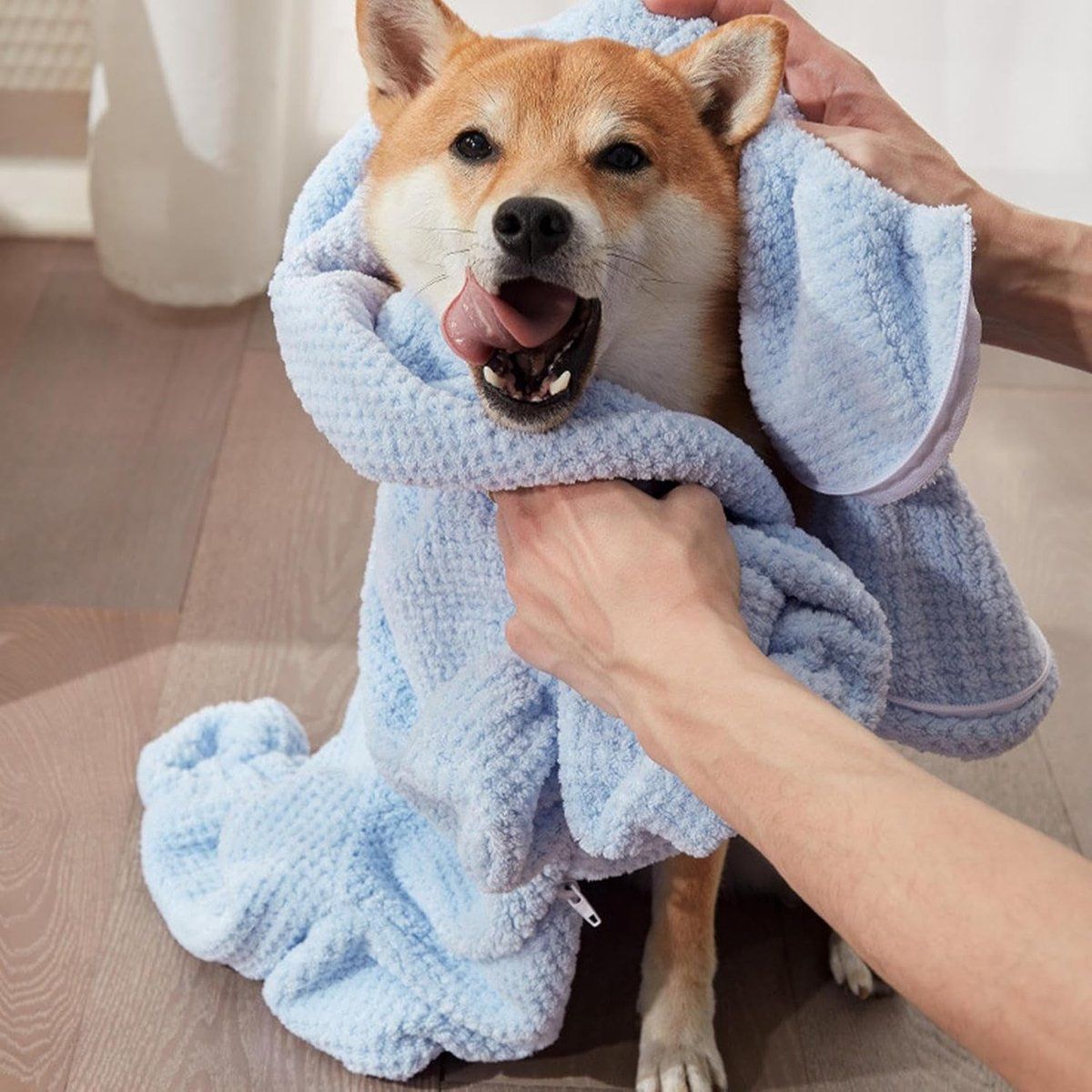 Plush Dog Bathrobe Quick Drying Ultra Absorbent Pet Drying Coat for Home Grooming Blue, Size L