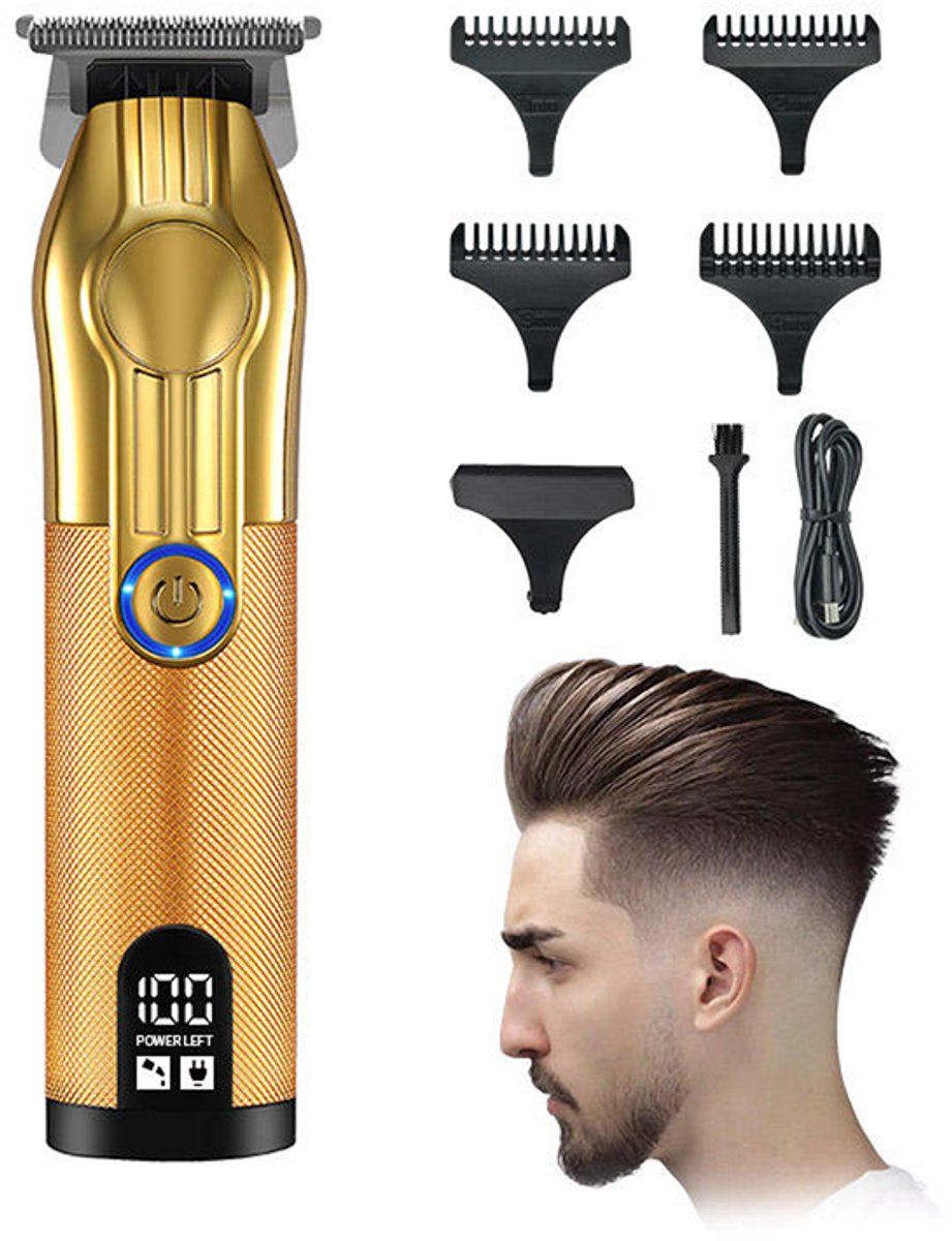 Cordless Hair Trimmer for Men, Professional Electric Beard Trimmer with Gold Plated Blade, Rechargeable Hair Clipper with 5 Guide Combs and USB Cable