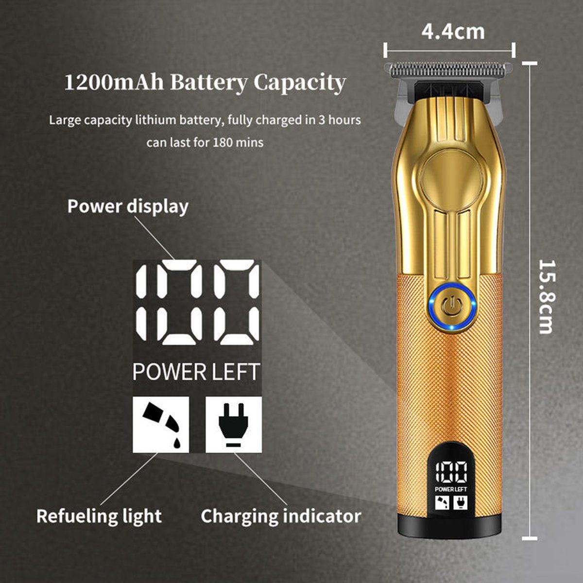 Cordless Hair Trimmer for Men, Professional Electric Beard Trimmer with Gold Plated Blade, Rechargeable Hair Clipper with 5 Guide Combs and USB Cable