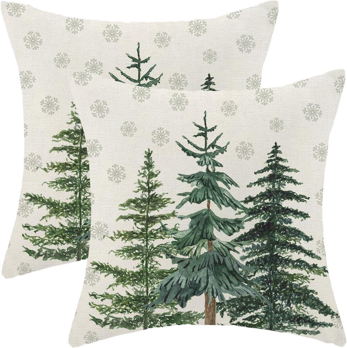 2 Pack Christmas Pillow Covers with Snowflake and Green Christmas Tree Print, Winter Festive Decorative Throw Pillow Cases for Sofa Bedroom Indoor Outdoor, 45x45 cm