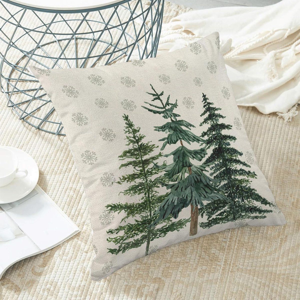 2 Pack Christmas Pillow Covers with Snowflake and Green Christmas Tree Print, Winter Festive Decorative Throw Pillow Cases for Sofa Bedroom Indoor Outdoor, 45x45 cm