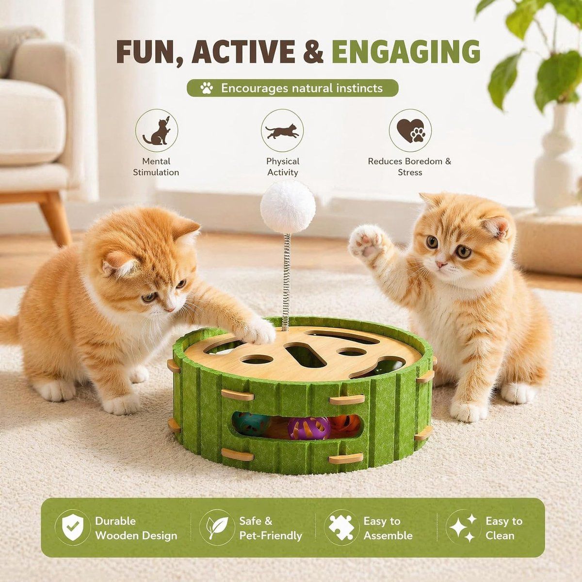 Interactive Cat Puzzle Toy with 3 Bell Balls and Feather Wand, Mental Stimulation Labyrinth Box for Indoor Cats, 30 cm Diameter