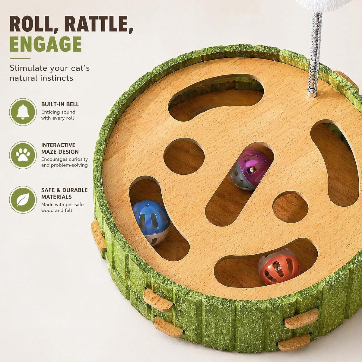 Interactive Cat Puzzle Toy with 3 Bell Balls and Feather Wand, Mental Stimulation Labyrinth Box for Indoor Cats, 30 cm Diameter