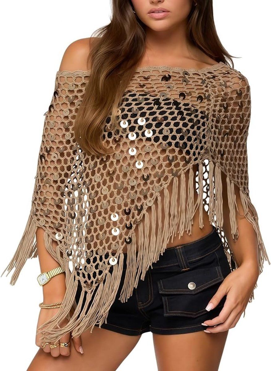 Crochet Sequin Poncho for Women, Off Shoulder Beach Cover Up with Tassels, Handmade Swimsuit Wrap, Khaki
