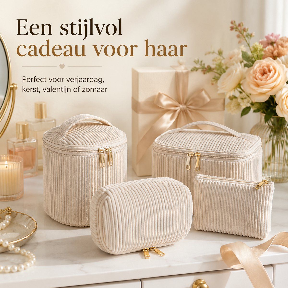 4 Pack Corduroy Cosmetic Bag Set for Women, Portable Travel Toiletry Makeup Bag with Zipper and Handle, Large Capacity, Beige