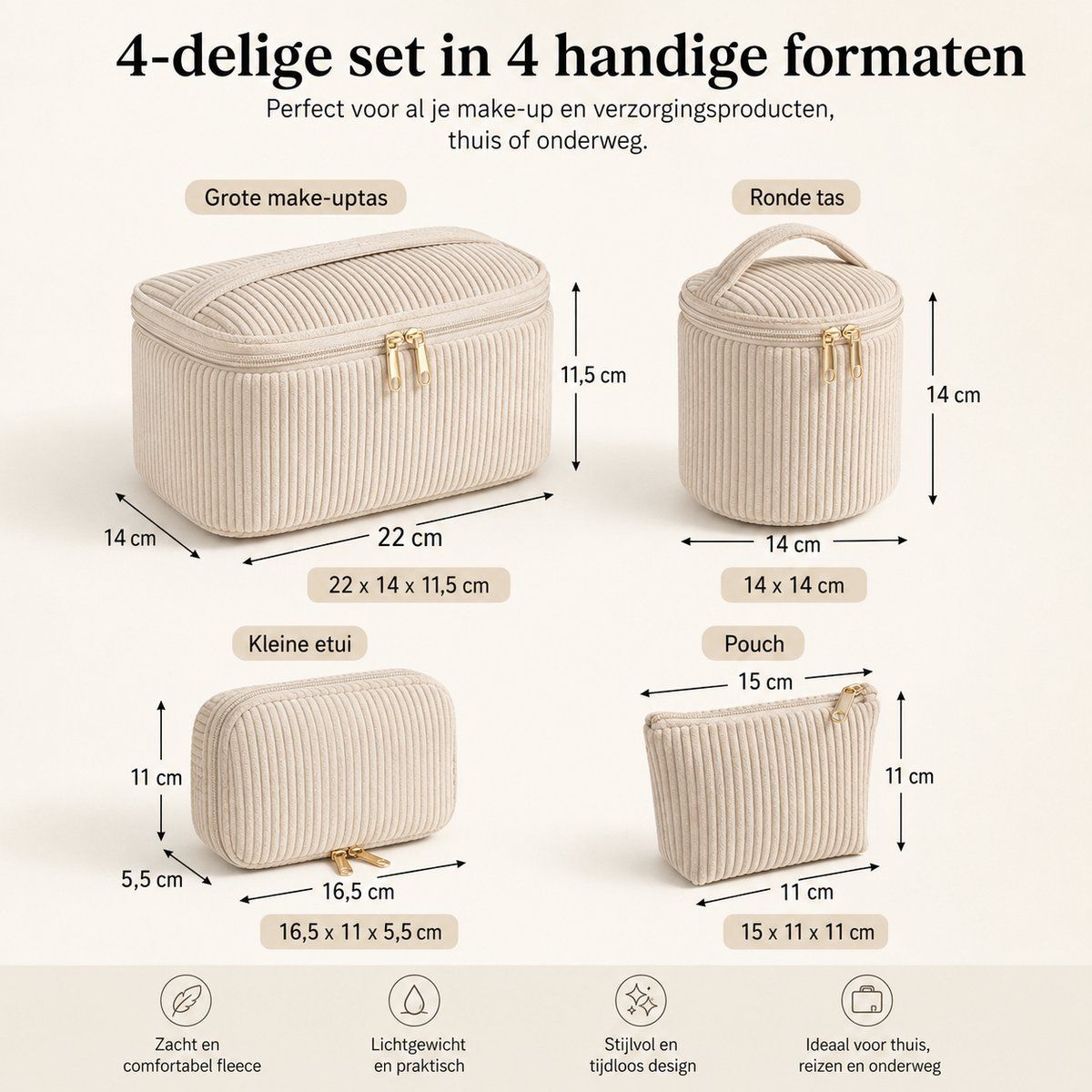 4 Pack Corduroy Cosmetic Bag Set for Women, Portable Travel Toiletry Makeup Bag with Zipper and Handle, Large Capacity, Beige