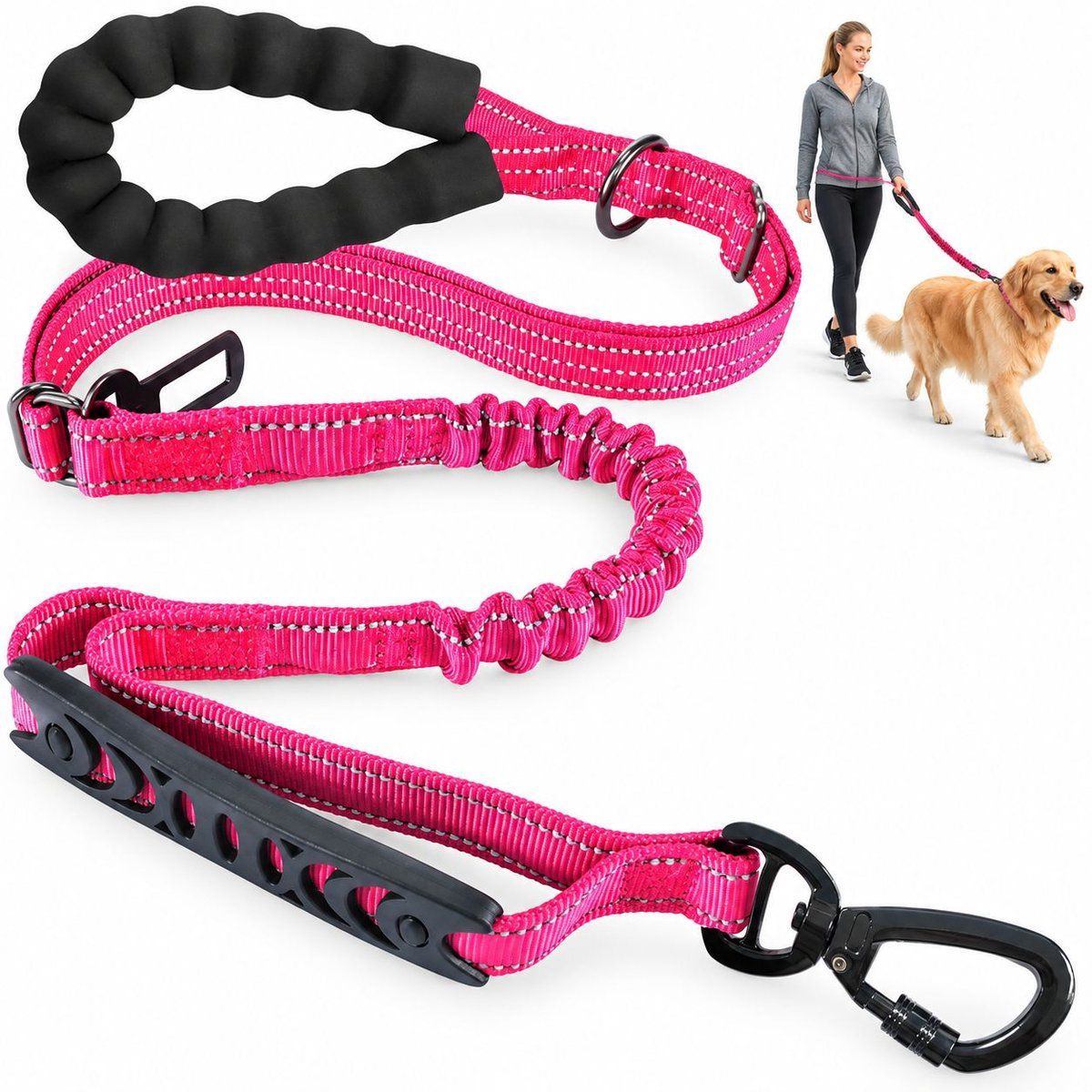 Shock Absorbing Anti-Tangle Elastic Dog Training Leash with Padded Handle for Large Dogs up to 110 lbs, Pink, 1.9 m