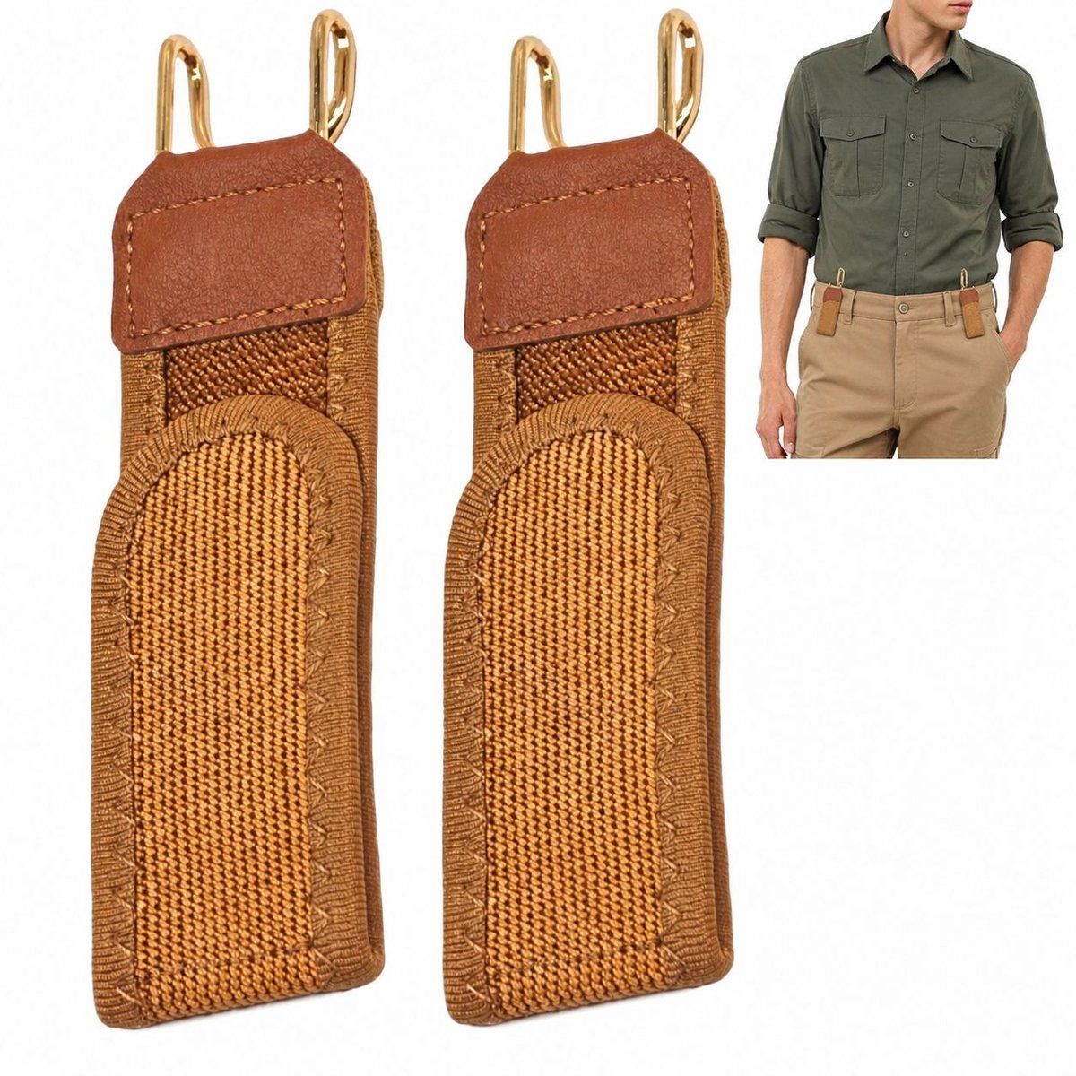 2 Pack Buckle Free Elastic Belt, Adjustable Unisex Belt with Metal Hook for Daily Use, Brown