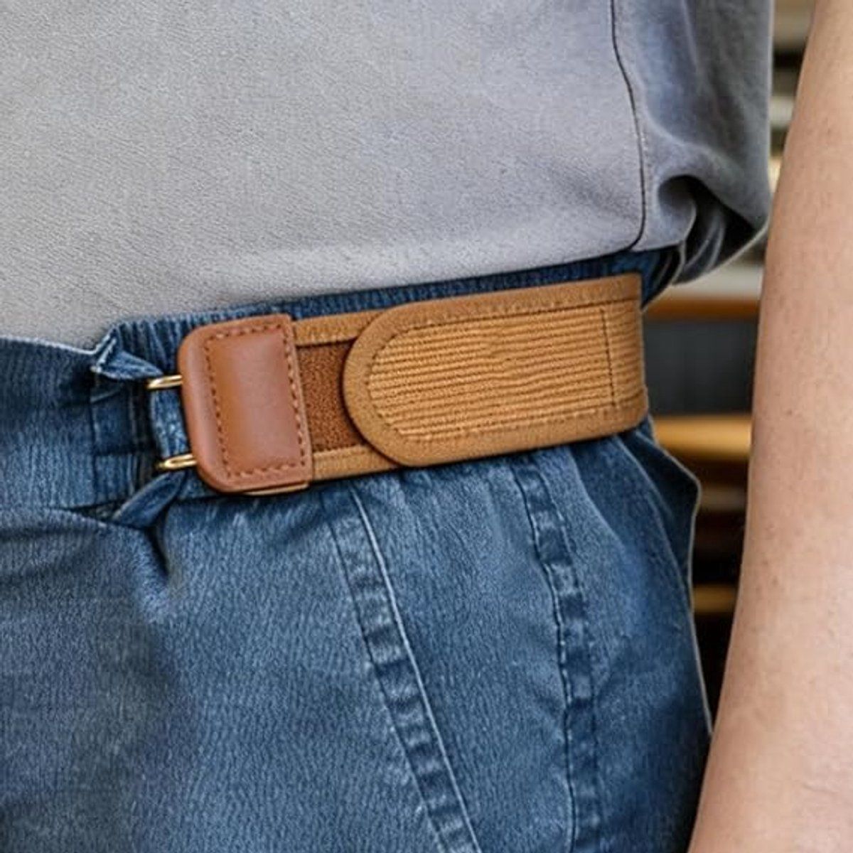 2 Pack Buckle Free Elastic Belt, Adjustable Unisex Belt with Metal Hook for Daily Use, Brown