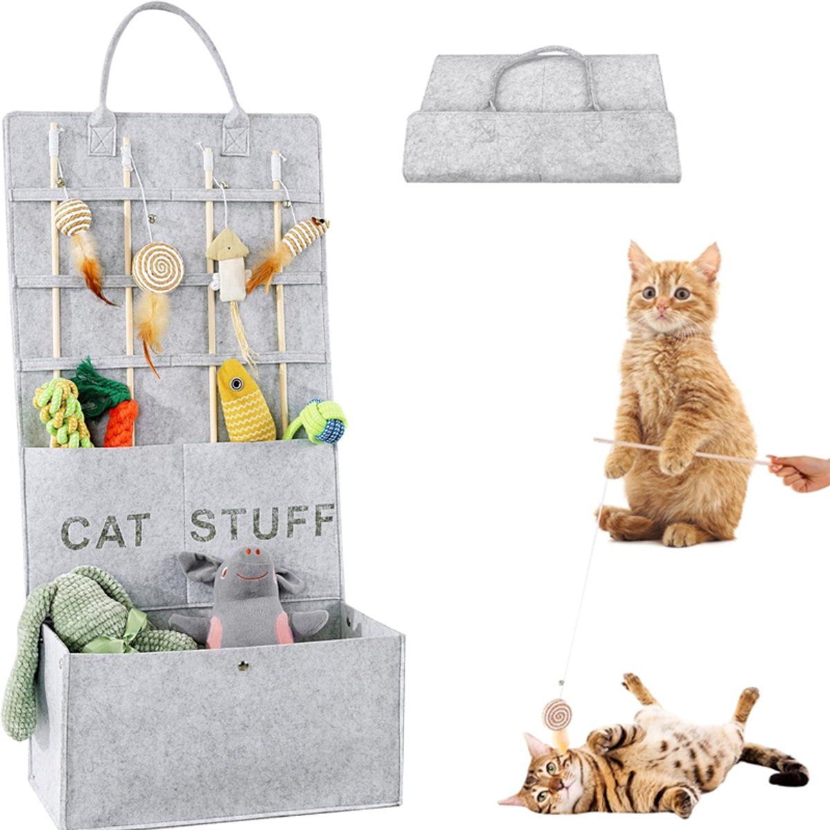 Pet Toy Storage Bag, Foldable Hanging Cat Toy Organizer, Multi-functional Felt Storage Bag for Home Use, Grey, 80x40x20cm